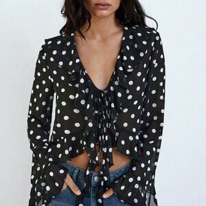 Black Women's Polka Dot Print Design Front Bow Tie Ruffle details blouse